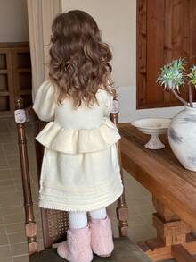 DAZY Infant/Toddler (Girls) Round Neck Ruffle Trim Solid Color Long Sleeve Sweater Dress, Autumn/Winter - Apricot - View 2