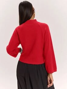 SHEIN BAE كنزة نسائية جديدة بياقة نصف عالية وأكمام راجلان فضفاضة بطول 3/4 بتصميم مريح متعدد الاستخدامات وإطلالة جذابة - Fiery Red - مشاهدة 4