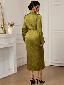 EastFlair Plus Size Elegant Elegant Frog Button Side Slit Dress - Green - View 7