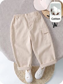 SHEIN 中性嬰兒男/女嬰 100%純棉休閒百搭白色長褲工裝褲，嬰兒男童下著，嬰兒褲，Squishy - 杏色 - 查看 1