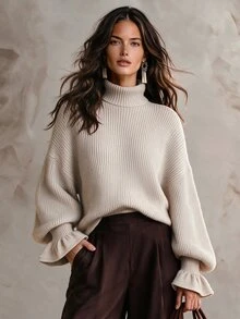 Solivie Women's Autumn/Winter High Neck Long Sleeve Sweater Top, Apricot Color - Apricot - View 7