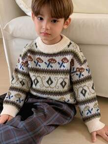 Hapijoa Boys (Small) Casual Patterned Long Sleeve Thick Sweater Top, Autumn/Winter - Beige - View 5
