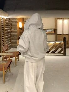 DAZY Women's Spring/Autumn Solid Color Patchwork Frill Trim Zipper Hooded Sweatshirt And Long Pants Casual 2 Pieces Set - Light Grey - View 2