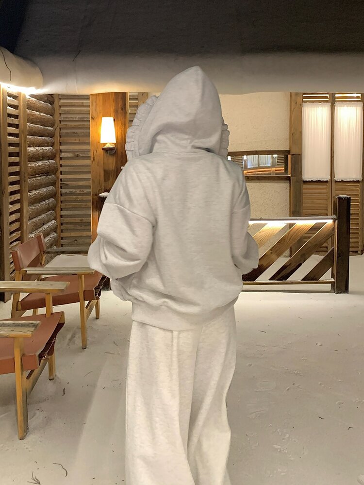 DAZY 女款春夏/秋冬純色拼接荷葉邊拉鍊連帽衛衣與長褲休閒兩件套 - 淺灰色 - 查看 2