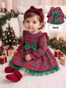 Cozy Pixies Baby Girl Woven Plaid Round Neck 3D Bow Ruffle Trim Mesh Patchwork Casual Dress - Multicolor - View 3
