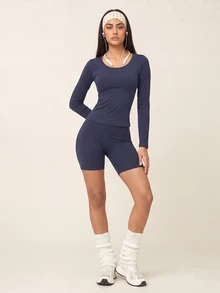 SHEIN BAE Setelan Olahraga Kasual Sehari-hari Wanita: Atasan Lengan Panjang dan Celana Pendek Warna Polos - Navy Blue - View 7