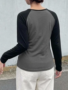 Dazy Plus Colorblock Patchwork Fitted Street Casual Cropped Long Sleeve Spring Autumn T-Shirt - Dark Grey - View 2