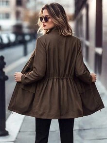 Editum Women's Solid Color Pocket Adjustable Waist Thermal Lined Winter Jacket - Brown - View 2