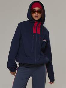 Musera Sport Contrast Colour Panel Zip Through Sport Logo Nylon Style Loose Fit Jacket Active Outdoors Workout Gym Terra Peak - Navy Blue - View 2