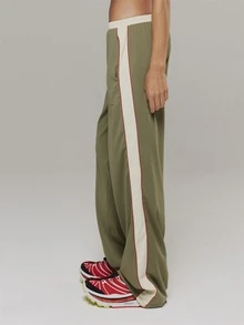 Musera Sport Contrast Colour Elasticated Waist Side Stripe Loose Fit Wide Leg Jogger Outdoors Workout Gym Terra Peak - Army Green - View 3