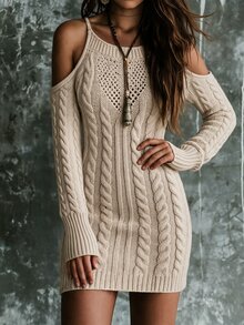 SHEIN Gaun Mini Rajut Kabel Bahu Terbuka Wanita, Sweater Bodycon Lengan Panjang Berlubang dengan Tali Spaghetti Dr - Krem - View 1