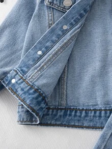 Boys INS Style Washed Blue Denim 2pcs Set, Korean Fashion Lamb Fleece Lapel Jacket With Elastic Waist Long Pants Outfit - Light Wash - View 6