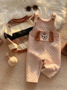 SHEIN 中性嬰兒男嬰/女嬰、幼兒 2 件組秋冬抓絨加厚可愛條紋運動衫套裝，小狗圖案吊帶褲套裝，嬰兒冬季衣物，聖誕 - 鏽棕色 - 查看 5