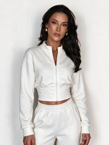 Glamine Stand Collar Zipper Short Jacket + High Waist Elastic Waist Pressed Line Wide Leg Sweatpants Solid Color 2 Pieces Sports Set - White - View 6