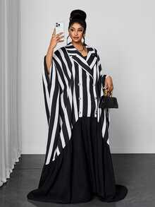 Maweii Plus Size Casual Loose Striped Patchwork Versatile Women's Dress Fall - Black and White - View 1