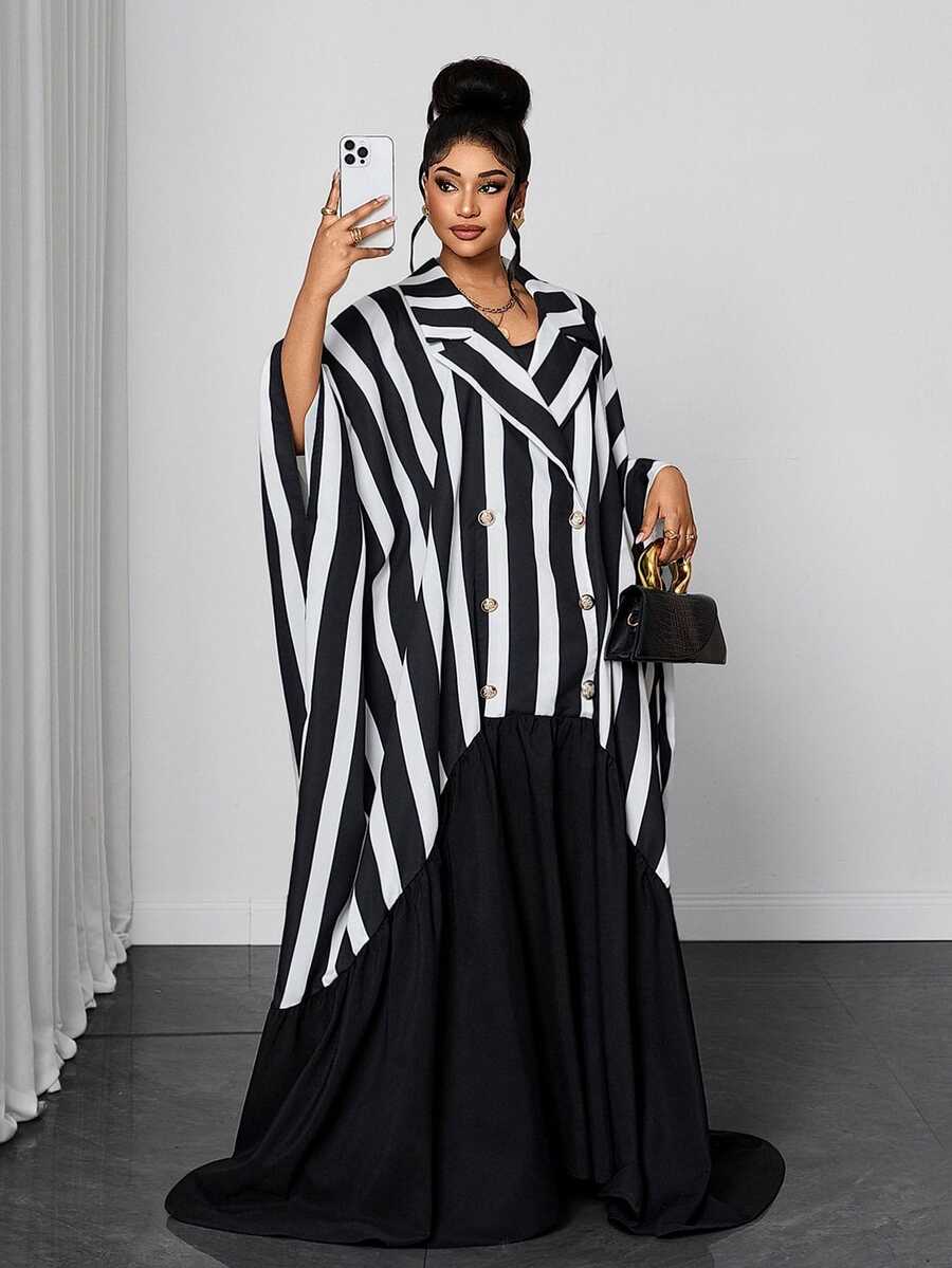 Maweii Plus Size Casual Loose Striped Patchwork Versatile Women's Dress Fall - Black and White - View 1