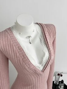 Elamini Spring/Autumn Sweet Cute Sexy Pink Textured Lace Patchwork Deep V-Neck Fitted Jumpsuit - Pink - View 3