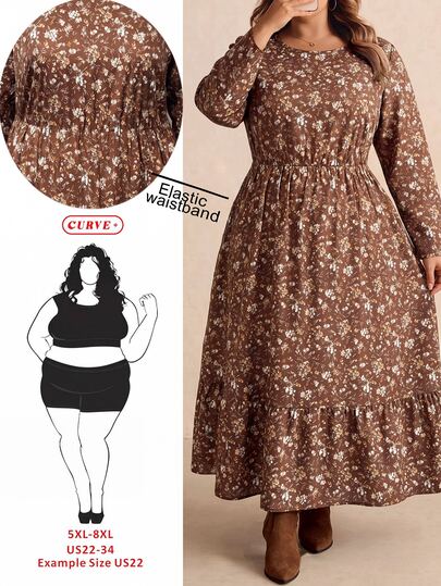 SHEIN CURVE+ French Style Plus Size Women's Long Sleeve Floral Casual Crew Neck Dress, Suitable For Autumn/Winter, 5XL-8XL