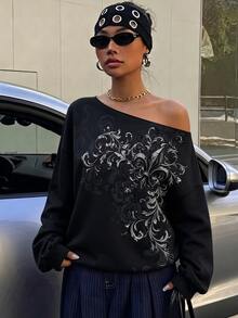Veykashi Halloween Dark Pattern Print Plus Size Cold Shoulder Sweatshirt, Suitable For Spring And Autumn Holiday Outfits - Multicolor - View 5