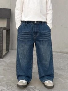 青少年男孩深藍色牛仔長褲，寬鬆舒適版型，適合秋冬穿著 - 藍色 - 查看 3