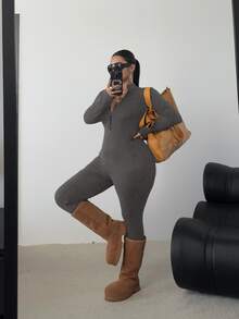 POPSWAY Plus Size Black Long Sleeve Long Jumpsuit With Front Zipper, Cinched Waist, Slim Fit, Minimalist, Solid Color, Versatile Everyday Wear - Grey - View 4