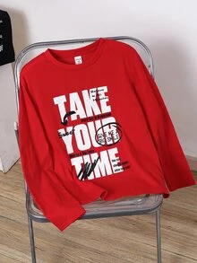 Kids Tween Boys Casual Letter Print Red Long-Sleeve T-Shirt Suitable For The Fall Back-To-School Season Christmas Birthday Party, Taking Photos - Red - View 5