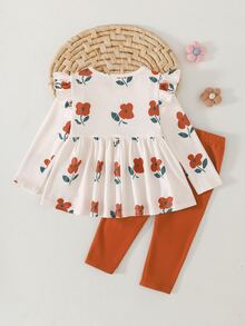 Cozy Pixies Baby Girl Knitted Floral Pattern Round Neck Ruffle Casual T-Shirt And 3D Bow Long Pants 2 Pieces Set - Multicolor - View 2
