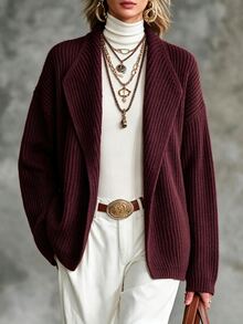 SHEIN Waterfall Collar Drop Shoulder Cardigan - Burgundy - View 5