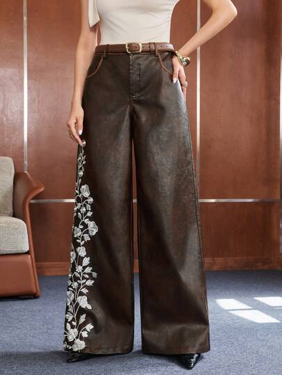 Anewsta Women's Autumn/Winter Elegant Modern Chic Vintage Brown Distressed PU White Floral Vine 3D Embroidered Wide Leg Pants