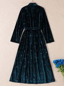 SHEIN Women's Dark Green Minimalist Fashion Solid Color Long Sleeve Velvet Elegant Comfortable Robe - Navy Blue - View 3