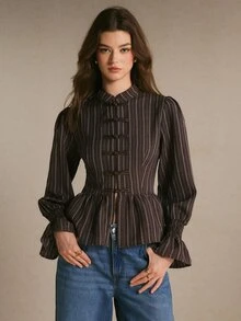 Poéselle Women's Striped Button-Front Long Sleeve Elegant Blouse - Brown - View 6
