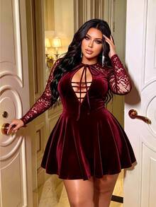 NU&NOW Women's Burgundy Velvet Lace Long Sleeve Hollow Chest Tie Front A-Line Party Short Dress - Burgundy - View 6