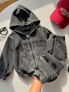 SHEIN 中性嬰兒男/女童、幼兒 2 件組秋冬休閒時尚黑色紮染連帽夾克套裝、運動衫套裝、嬰兒冬季穿搭套裝、街頭風 - 黑色 - 查看 7