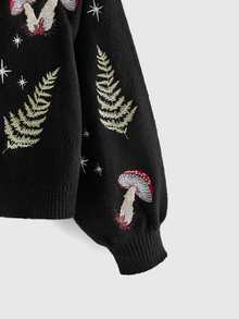 ROMWE Fairycore Vintage Forest Mushroom Herb Star Moon Embroidered Short Loose Fit Versatile Plus Size Cardigan Women Fall Winter Sweater - Black - View 3