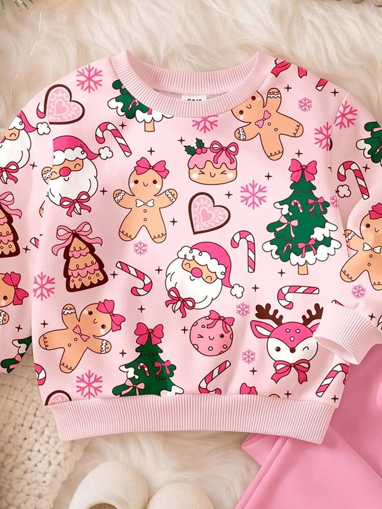 Cheerful & Bright Dopamine Sweet Girl Ins Style Pink Christmas Limited Edition, Cute Playful Santa Claus, Gingerbread Man, Reindeer, Bow Christmas Tree, Candy Cane, Christmas Series Pattern, Baby Girl Casual Fleece Crew Neck Sweatshirt & Brushed Leggings Set, Suitable For Autumn/Winter Daily Wear, Soft & Fashionable Christmas, Sister Matching, Cozy - Multicolor - View 5