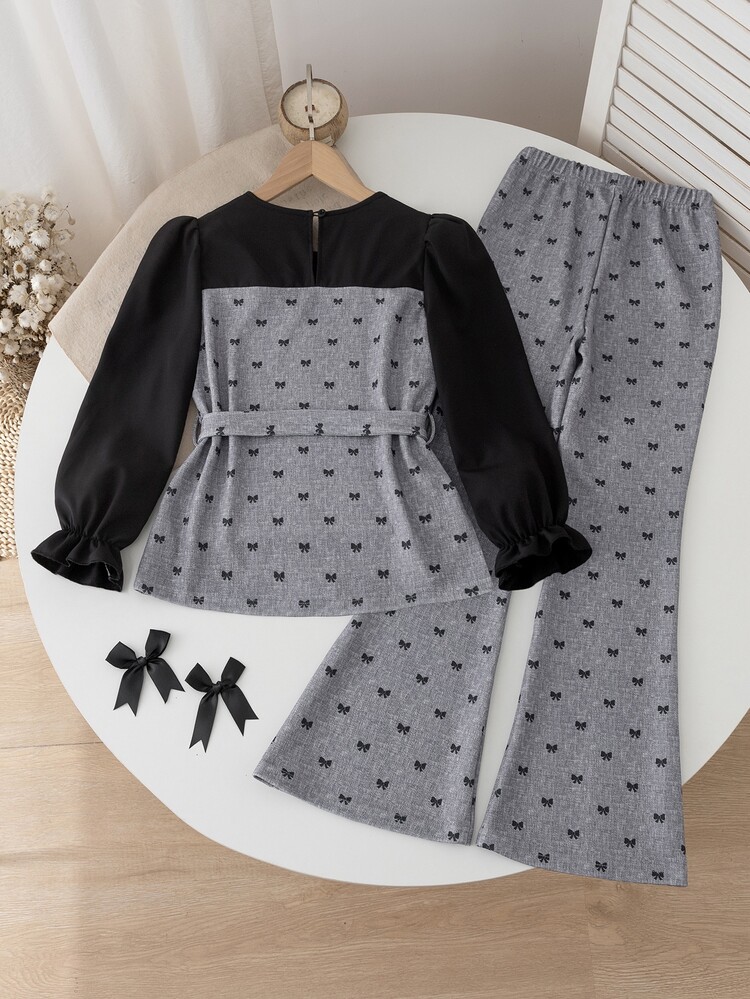 Tween Girls Geometric Knit Flare Sleeve Shirt With Pearl Detailing Back To School Clothes Girls Tween Girl Outfits Set Fall Clothes Holiday Outfits - Multicolor - View 5