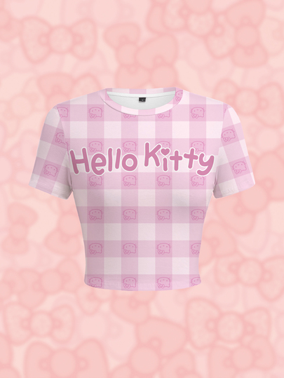 HELLO KITTY AND FRIENDS | SHEIN Kaos Lengan Pendek Kasual Wanita Motif Kotak-kotak dan Huruf untuk Sehari-hari