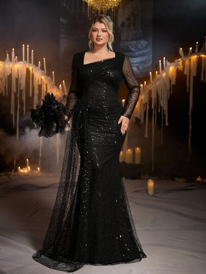 Glamrae Plus Size Elegant Luxury Black Beaded Sequin Sheer Long Sleeve Asymmetrical Neckline Ruched Fitted Mermaid Tail Train Patchwork Side Flounce Heavy Embellishment Evening Gown For Wedding Event Party Ball Dinner (Heavy Design)