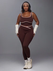 Voyena Women's Plus Size Colorblock Top And Leggings Casual Daily Sports Set - Coffee Brown - View 3