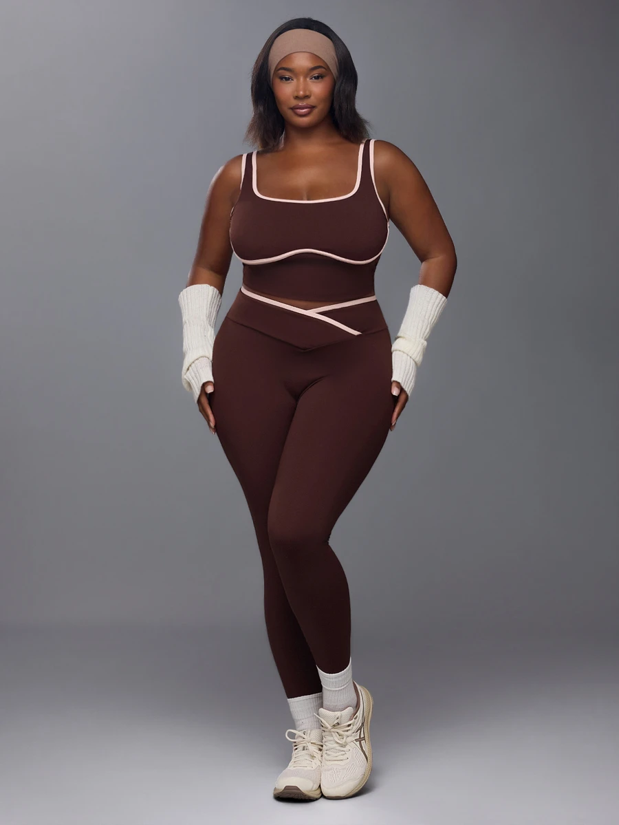 Voyena Women's Plus Size Colorblock Top And Leggings Casual Daily Sports Set - Coffee Brown - View 1