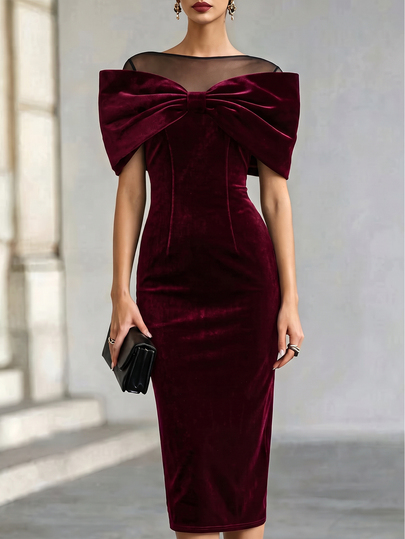 Balvessa Elegant Women's Mid-Length Dress Spring Summer Autumn Black Velvet Holiday Date Party Cocktail Banquet Bow Decor Mesh Patchwork