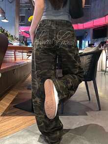 Hapijoa Teen Girl Casual Camouflage Straight Leg Long Pants With Rhinestone Decor Cool Autumn/Winter Denim Jeans - Army Green - View 7