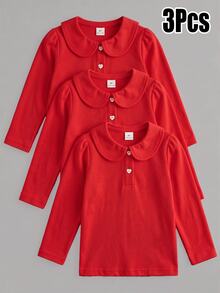 Elladie kids 女童白色3件組長袖 Polo 衫，彼得領搭配精緻愛心鈕扣，基本純色修身長袖 T 恤，適合返校季 - 紅色 - 查看 4