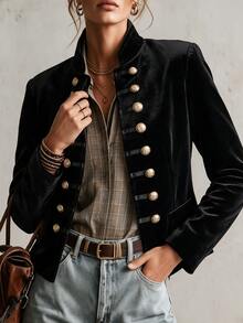 LUMIGAL Women's Double-Breasted Metal Button Design Long Sleeve Casual Napoleon Winter Coat - Black - View 5