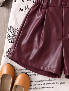SHEIN LMoss Kids 兒童女童編織素色修身休閒短褲 - 酒紅色 - 查看 3