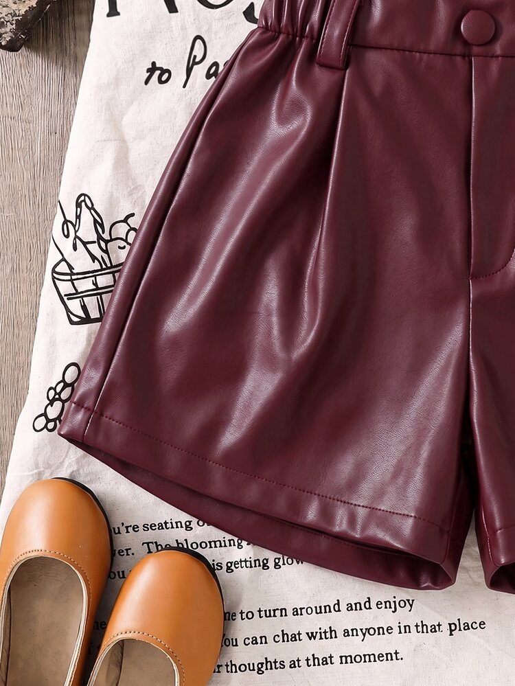 SHEIN LMoss Kids Kids Young Girl Woven Solid Color Fitted Casual Shorts - Burgundy - View 3