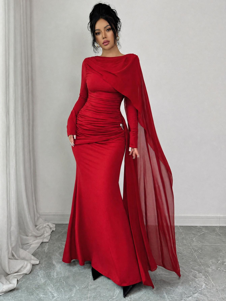Elenzga Asymmetric Cape Collar Flared Waist Ruched Metal Decor A-Line Elegant Romantic Sophisticated Women's Velvet Dress, Autumn/Winter - Red - View 3