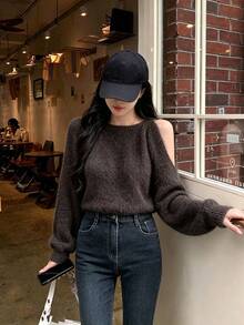 INAWLY Autumn Sweet Fluffy Cold Shoulder Round Neck Sweater - Coffee Brown - View 1