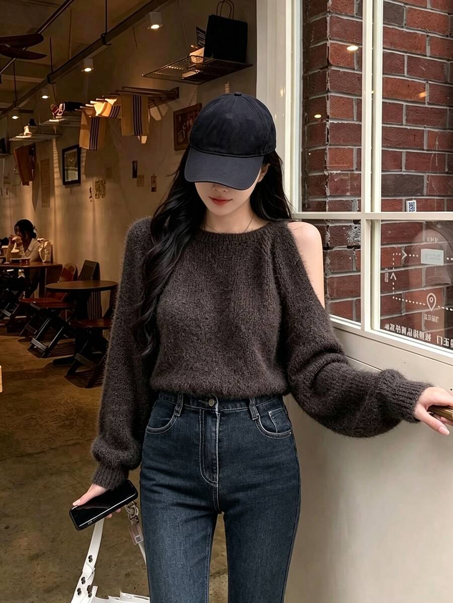 INAWLY Autumn Sweet Fluffy Cold Shoulder Round Neck Sweater - Coffee Brown - View 1