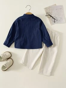 SHEIN 2件組兒童青少年男孩休閒日常刺繡圖案立領鈕扣式寬鬆長袖海軍藍襯衫與直筒白色長褲套裝，適合秋冬、情人節、夏季穿搭、海灘 - 藏蓝色 - 查看 5